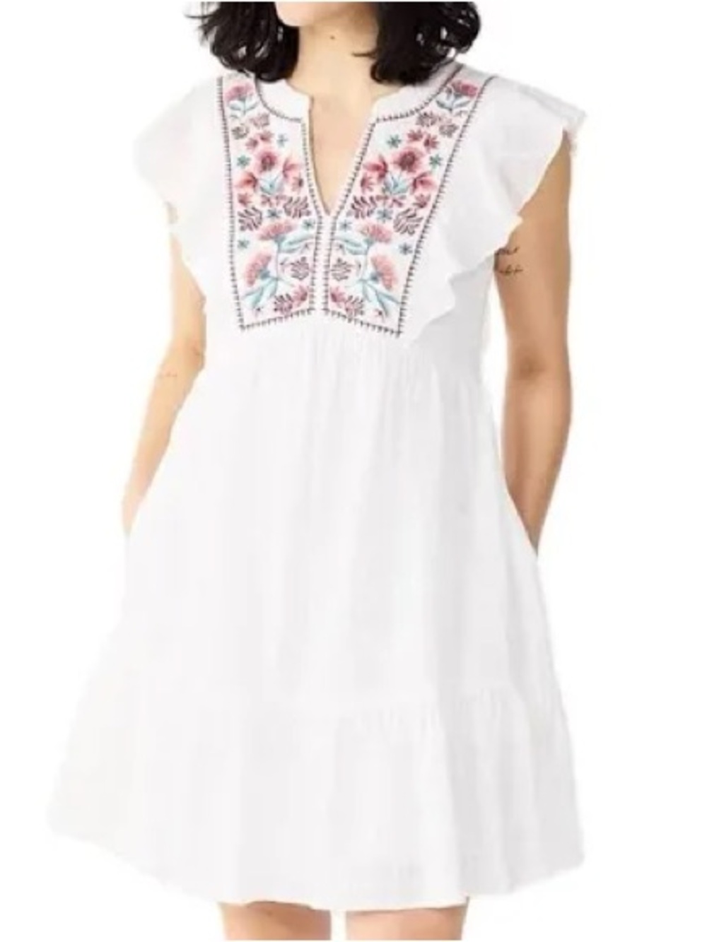 Sonoma White Embroidered Flutter-Sleeve Dress